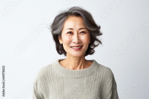 portrait of a confident Japanese woman in her 50s wearing a cozy sweater against a white background © Robert MEYNER