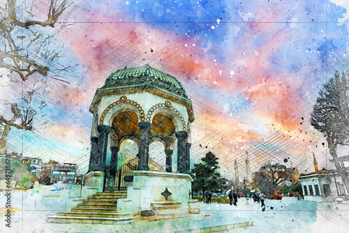 (Istanbul - Turkey 25 February 2021) German Fountain in Sultanahmet Square (Deutsche Brunnen). German Emperor II. It is a gift made by Wilhelm in Istanbul. Watercolor artwork.