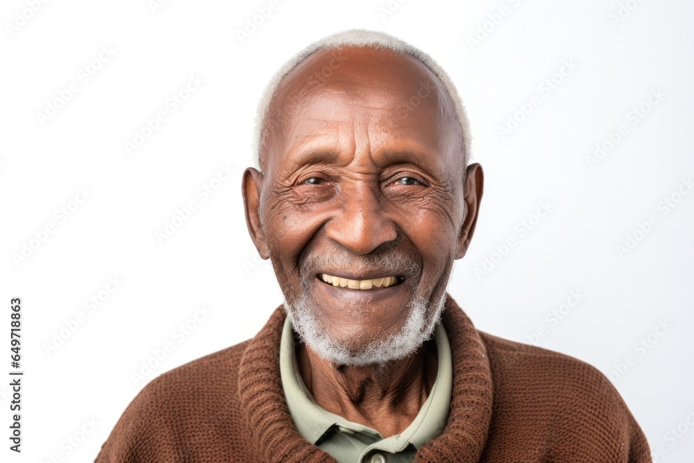 portrait of a confident Kenyan man in his 90s wearing a chic cardigan against a white background portrait of a confident Kenyan man in his 90s wearing a chic cardigan against a white background