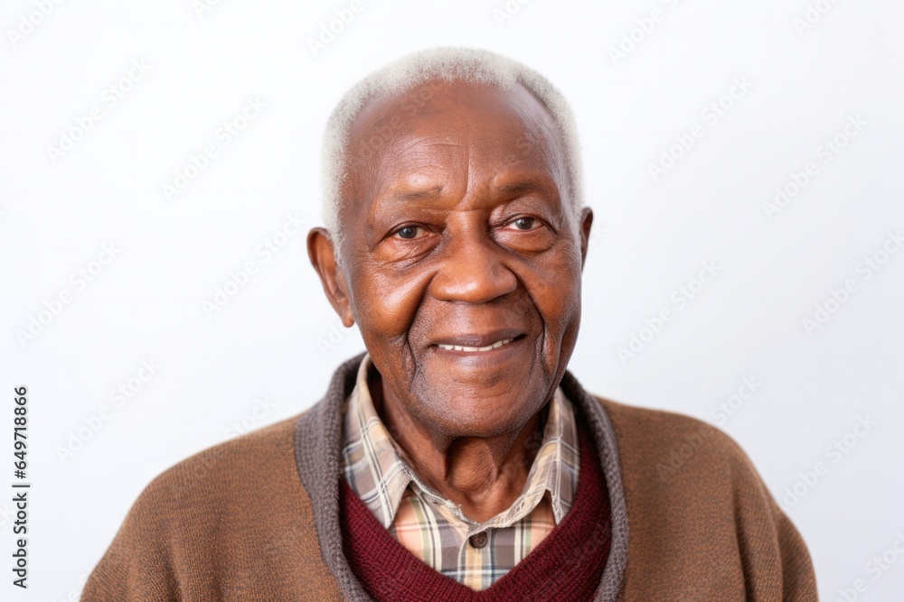 portrait of a confident Kenyan man in his 90s wearing a chic cardigan against a white background portrait of a confident Kenyan man in his 90s wearing a chic cardigan against a white background