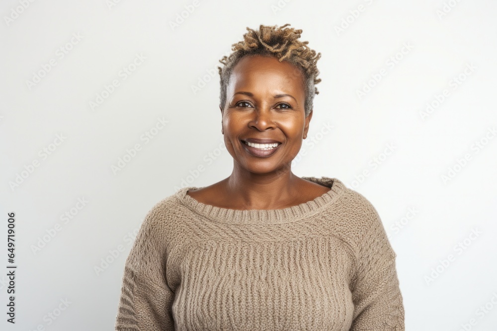 portrait of a confident Kenyan woman in her 40s wearing a cozy sweater against a white background portrait of a confident Kenyan woman in her 40s wearing a cozy sweater against a white background