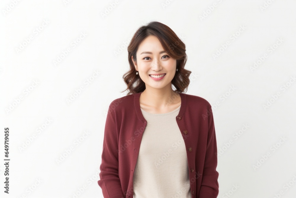 Portrait of a happy Japanese woman in her 30s wearing a chic cardigan against a white background Portrait of a happy Japanese woman in her 30s wearing a chic cardigan against a white background