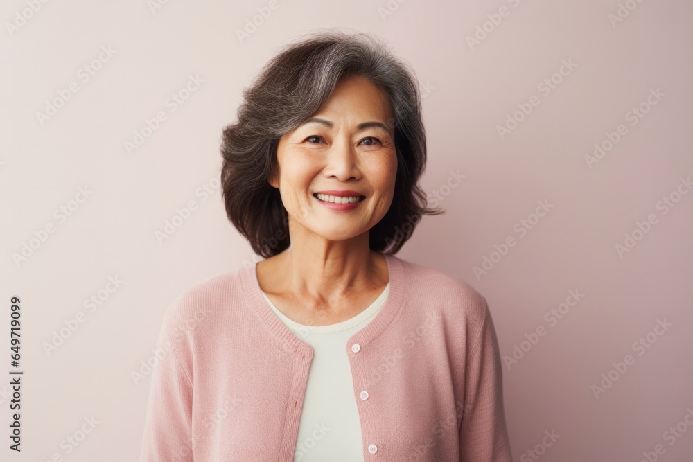 Portrait of a happy Japanese woman in her 50s wearing a chic cardigan against a pastel or soft colors background Portrait of a happy Japanese woman in her 50s wearing a chic cardigan against a pastel or soft colors background
