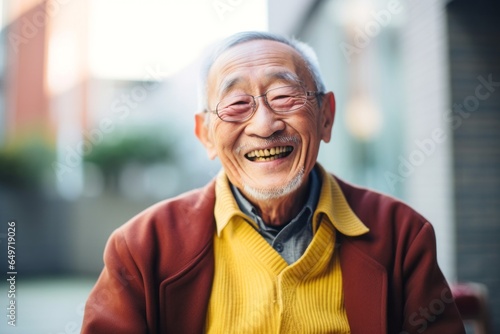 Portrait of a happy Japanese man in his 90s wearing a chic cardigan against an abstract background