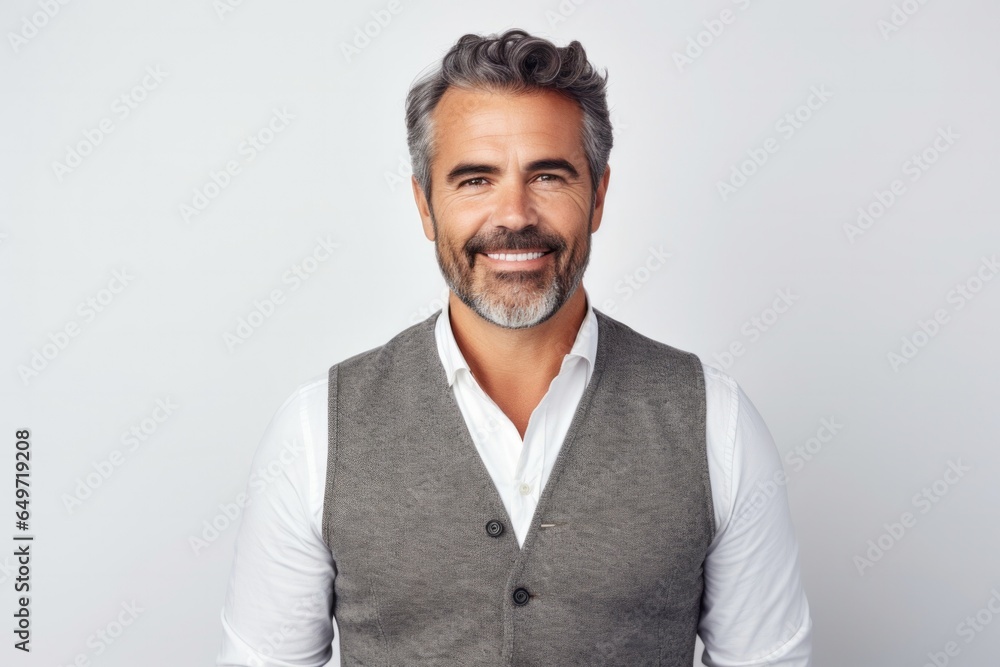 portrait of a confident Mexican man in his 40s wearing a chic cardigan against a white background portrait of a confident Mexican man in his 40s wearing a chic cardigan against a white background