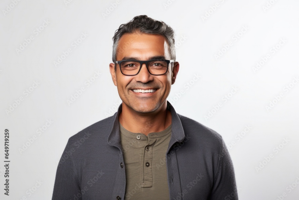 Obraz premium portrait of a confident Mexican man in his 40s wearing a chic cardigan against a white background