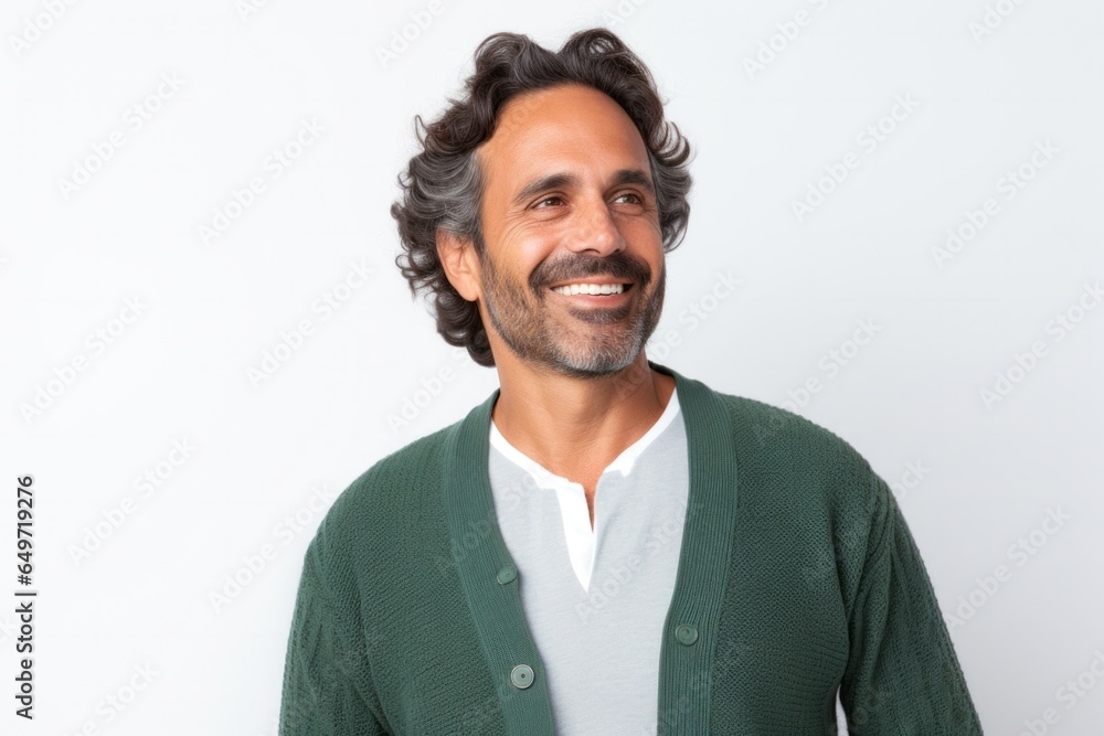 portrait of a confident Mexican man in his 40s wearing a chic cardigan against a white background portrait of a confident Mexican man in his 40s wearing a chic cardigan against a white background