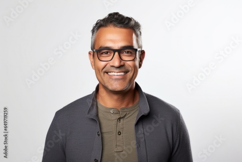 portrait of a confident Mexican man in his 40s wearing a chic cardigan against a white background © Robert MEYNER