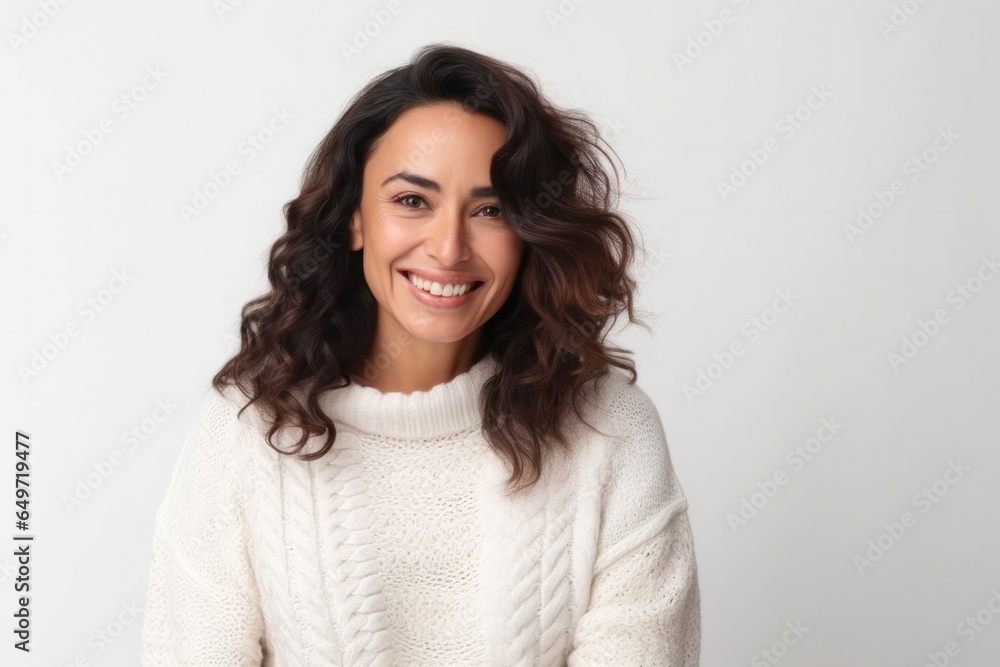 portrait of a confident Mexican woman in her 30s wearing a cozy sweater against a white background portrait of a confident Mexican woman in her 30s wearing a cozy sweater against a white background