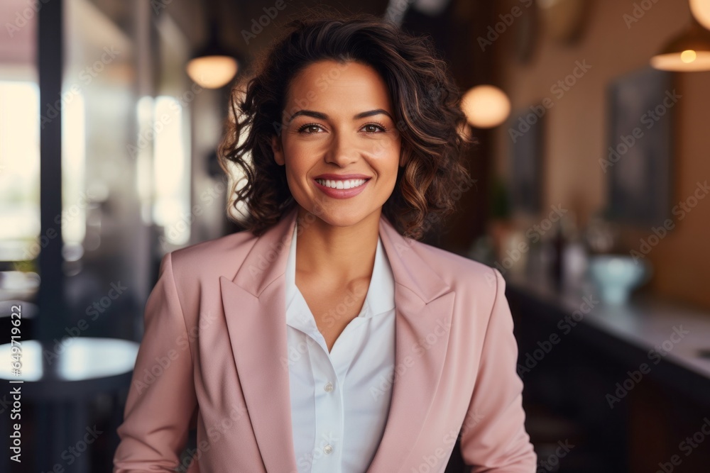 portrait of a confident Mexican woman in her 40s wearing a classic blazer against a pastel or soft colors background portrait of a confident Mexican woman in her 40s wearing a classic blazer against a pastel or soft colors background