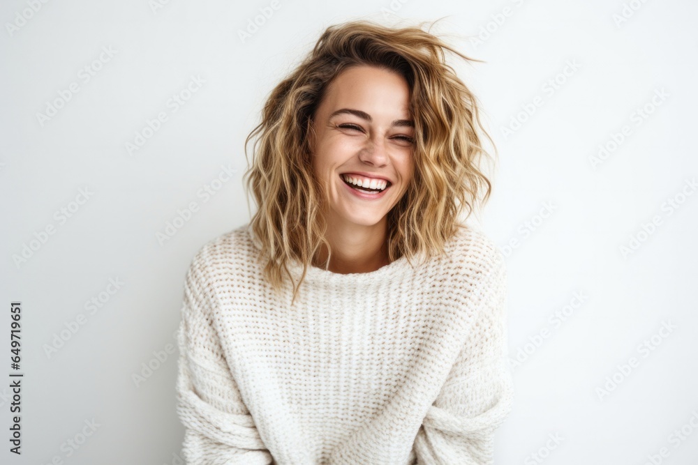Portrait of a happy Polish woman in her 30s wearing a cozy sweater against a white background Portrait of a happy Polish woman in her 30s wearing a cozy sweater against a white background