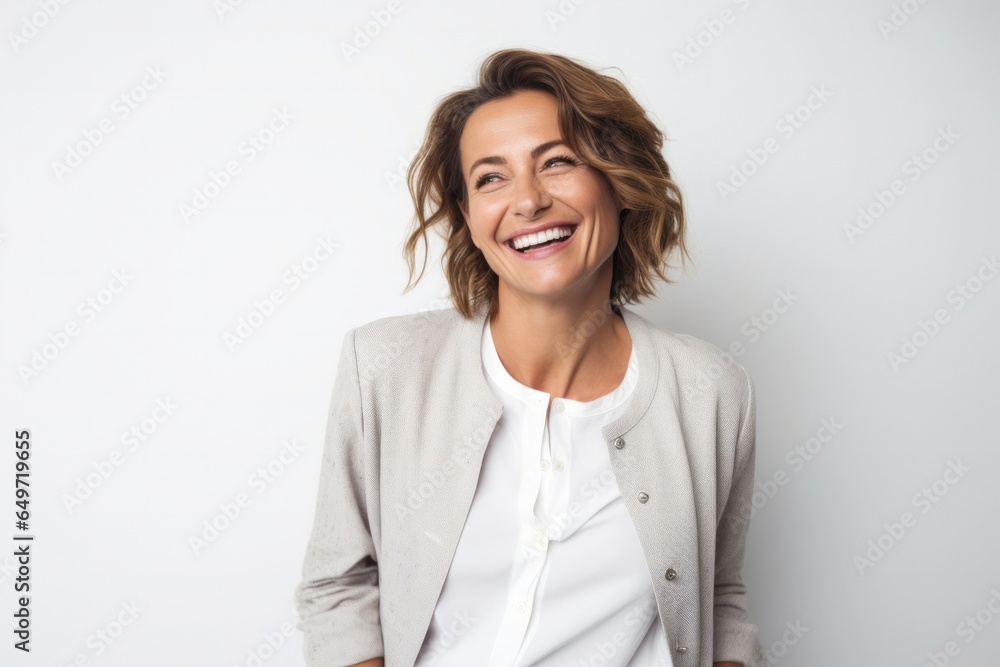 Portrait of a happy Polish woman in her 40s wearing a chic cardigan against a white background Portrait of a happy Polish woman in her 40s wearing a chic cardigan against a white background