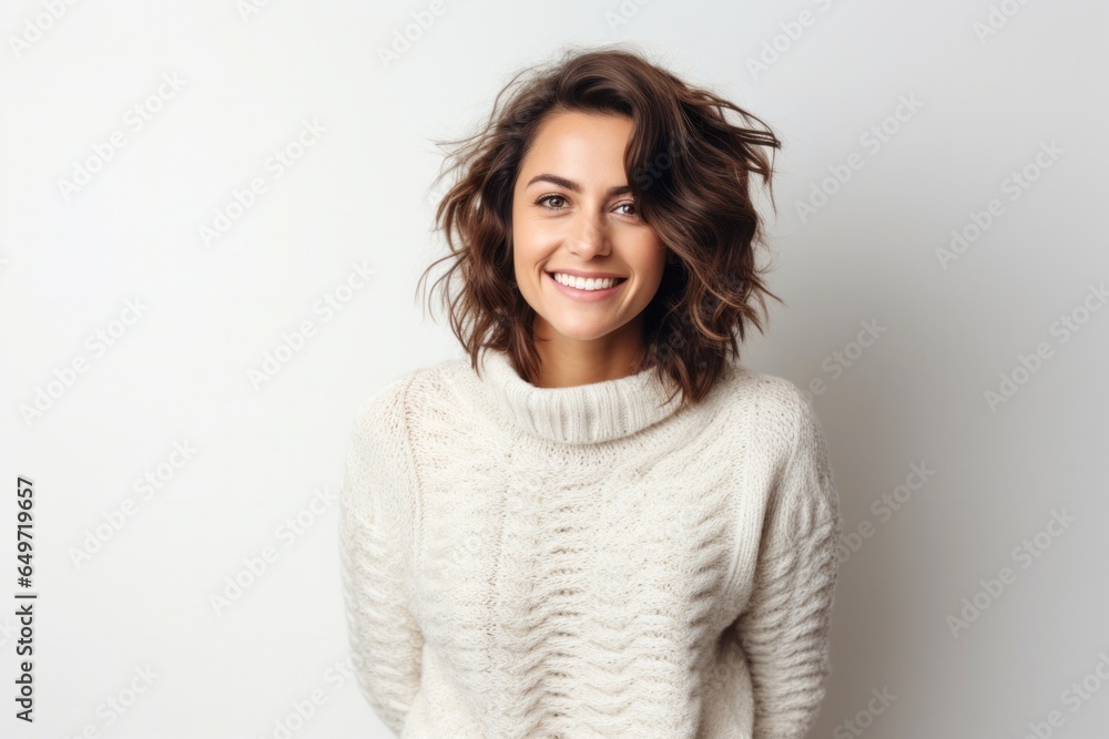 Portrait of a happy Polish woman in her 30s wearing a cozy sweater against a white background Portrait of a happy Polish woman in her 30s wearing a cozy sweater against a white background