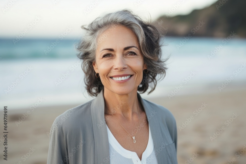 portrait of a confident Mexican woman in her 50s wearing a sleek suit against a beach background portrait of a confident Mexican woman in her 50s wearing a sleek suit against a beach background