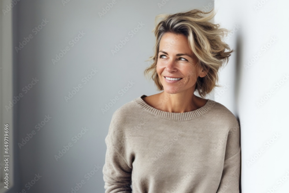 Portrait of a happy Polish woman in her 40s wearing a chic cardigan against a minimalist or empty room background Portrait of a happy Polish woman in her 40s wearing a chic cardigan against a minimalist or empty room background