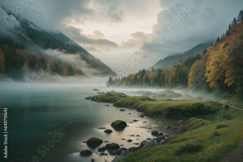 fog over the river mountains photo