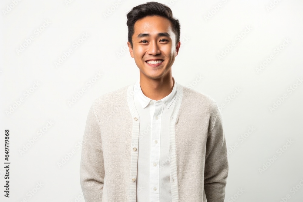Portrait of a Filipino man in his 20s wearing a chic cardigan against a white background Portrait of a Filipino man in his 20s wearing a chic cardigan against a white background