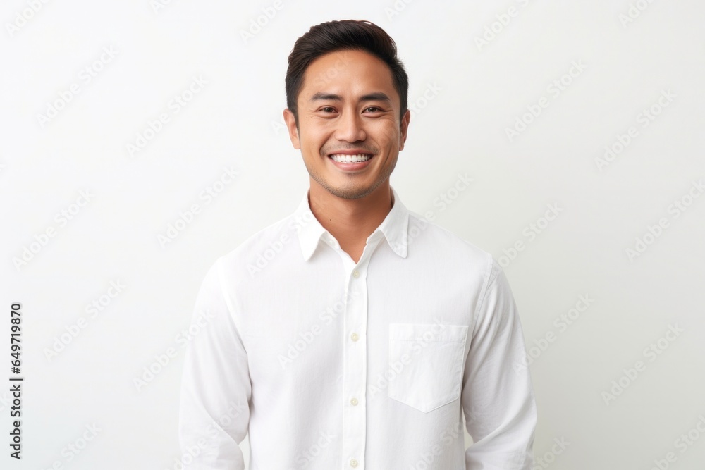 Portrait of a Filipino man in his 30s wearing a chic cardigan against a white background - obrazy, fototapety, plakaty 