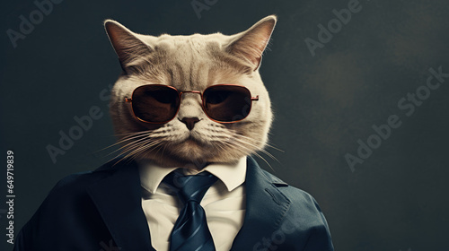 A cat wearing sunglasses and a suit with a tie.