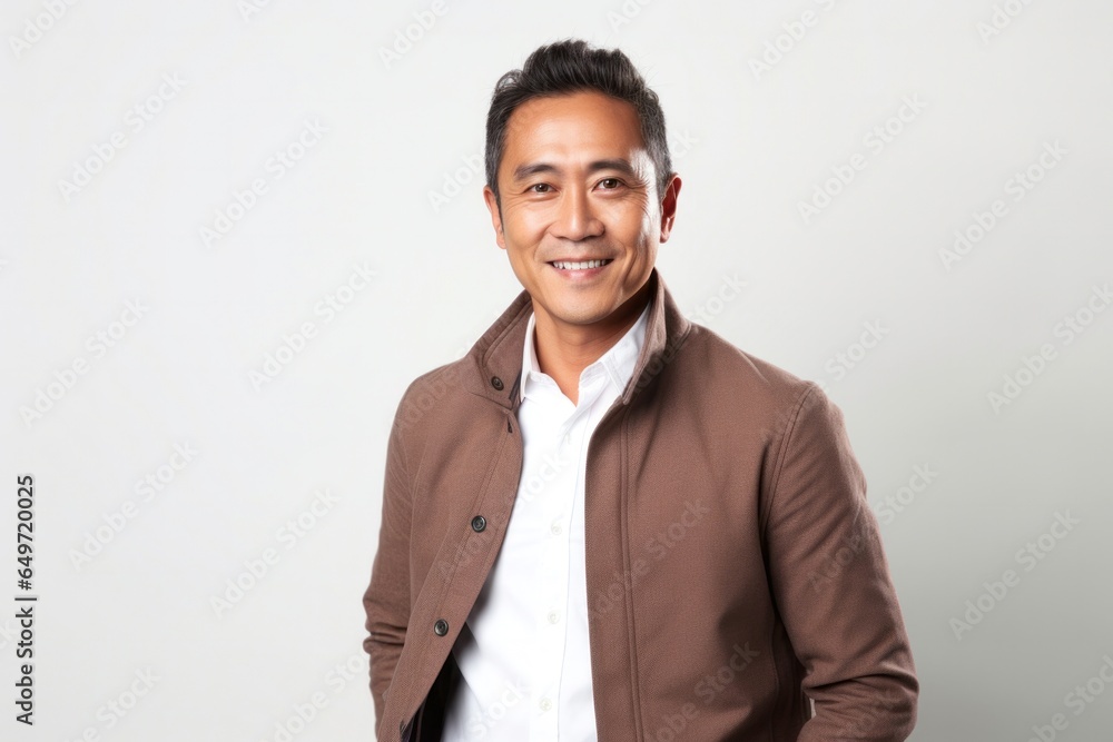 Portrait of a Filipino man in his 40s wearing a chic cardigan against a white background Portrait of a Filipino man in his 40s wearing a chic cardigan against a white background