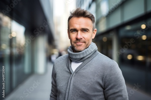 portrait of a confident Polish man in his 40s wearing a cozy sweater against a modern architectural background