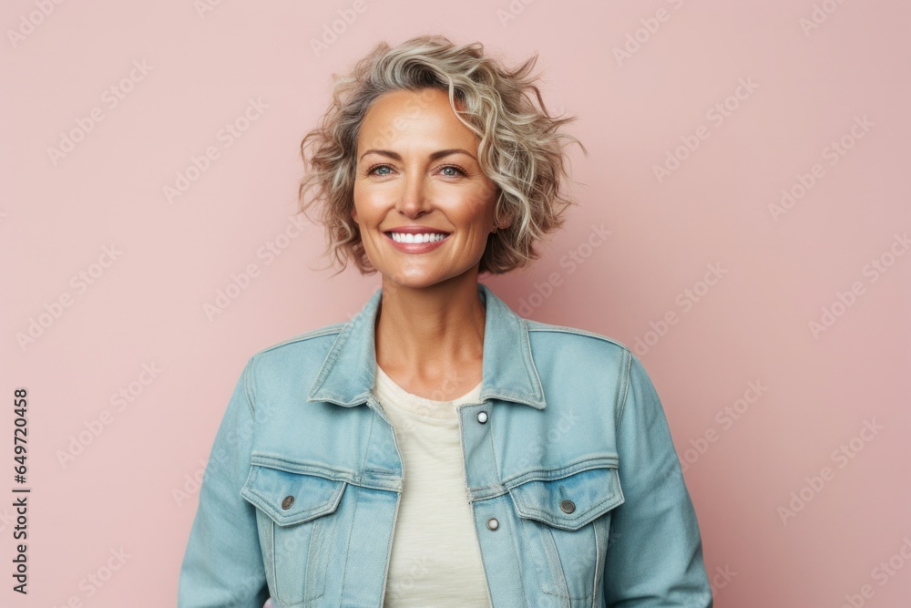 portrait of a confident Polish woman in her 40s wearing a denim jacket against a pastel or soft colors background portrait of a confident Polish woman in her 40s wearing a denim jacket against a pastel or soft colors background