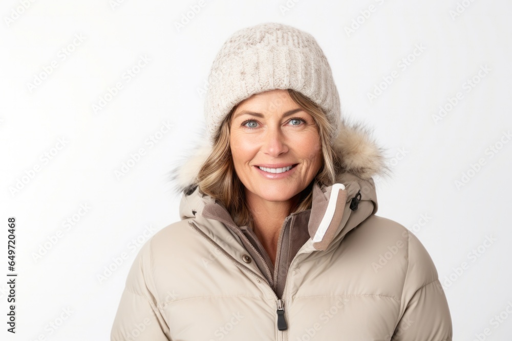 portrait of a confident Polish woman in her 40s wearing a warm parka against a white background portrait of a confident Polish woman in her 40s wearing a warm parka against a white background