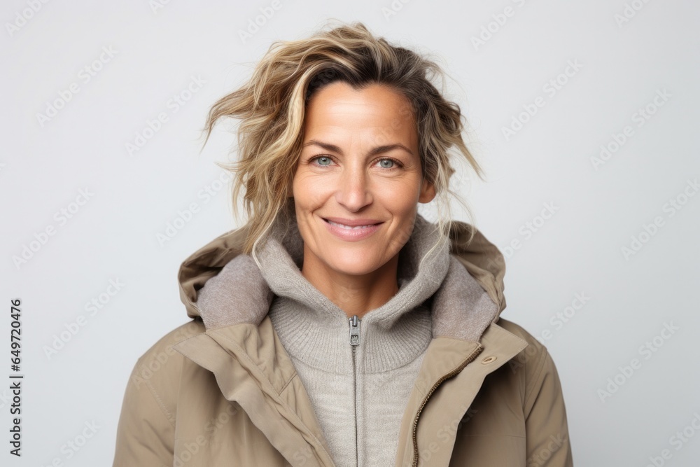 portrait of a confident Polish woman in her 40s wearing a warm parka against a white background portrait of a confident Polish woman in her 40s wearing a warm parka against a white background