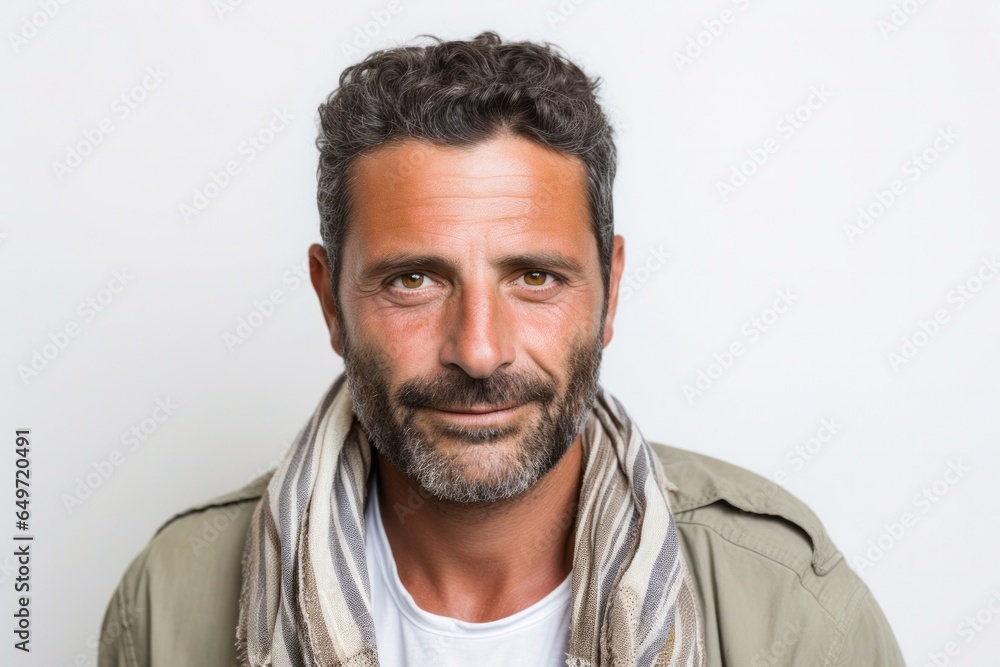 Portrait of a Israeli man in his 40s wearing a foulard against a white background Portrait of a Israeli man in his 40s wearing a foulard against a white background