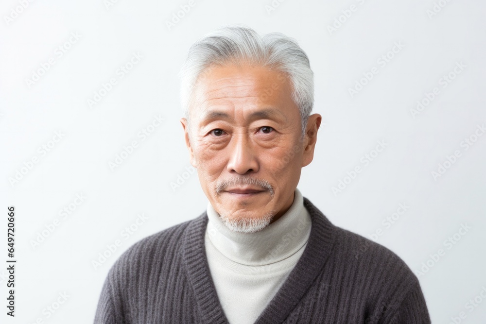 portrait of a serious, Japanese man in his 70s wearing a chic cardigan against a white background portrait of a serious, Japanese man in his 70s wearing a chic cardigan against a white background
