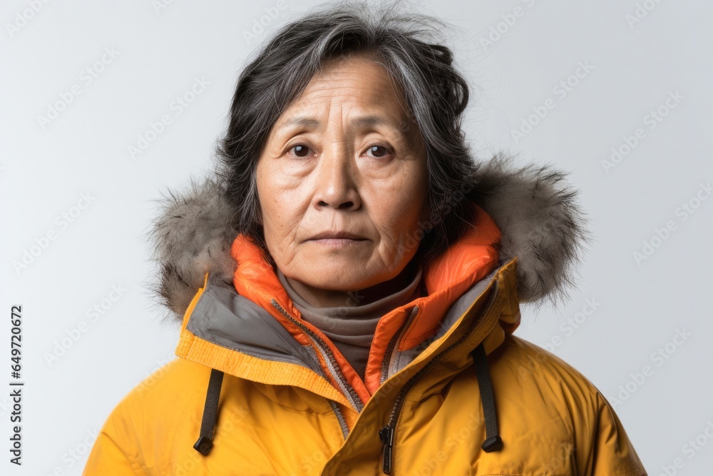 portrait of a serious, Filipino woman in her 60s wearing a warm parka against a white background portrait of a serious, Filipino woman in her 60s wearing a warm parka against a white background