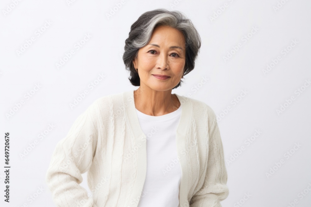 portrait of a serious, Filipino woman in her 50s wearing a chic cardigan against a white background portrait of a serious, Filipino woman in her 50s wearing a chic cardigan against a white background