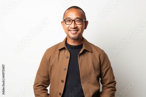 portrait of a serious, Filipino man in his 40s wearing a chic cardigan against a white background