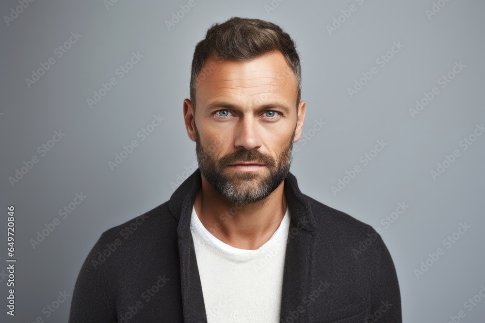 portrait of a serious, Polish man in his 30s wearing a chic cardigan against a white background portrait of a serious, Polish man in his 30s wearing a chic cardigan against a white background