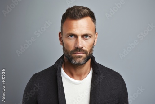 portrait of a serious, Polish man in his 30s wearing a chic cardigan against a white background