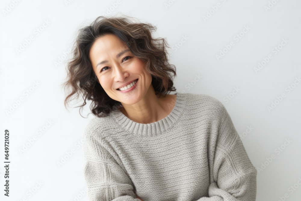 Portrait of a Japanese woman in her 30s wearing a cozy sweater against a white background Portrait of a Japanese woman in her 30s wearing a cozy sweater against a white background