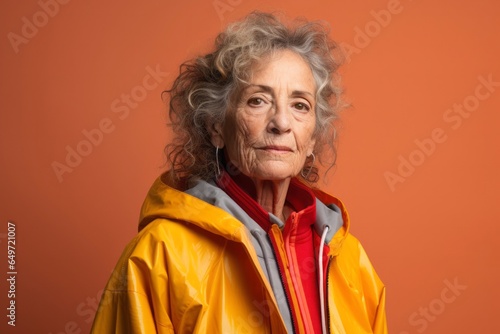 portrait of a Israeli woman in her 60s wearing a lightweight windbreaker against an abstract background