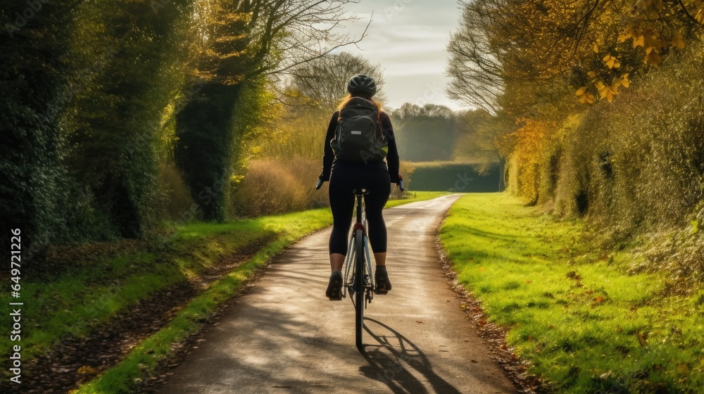 An image of a woman enjoying a bike ride on a seemingly endless road.