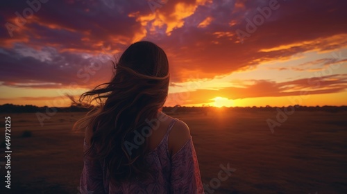 A woman captivated by the sunset, with the radiant sky in view.