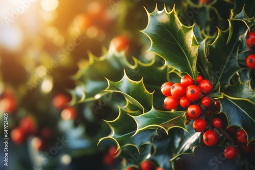 Fotografia Christmas holly and ivy with blurred background