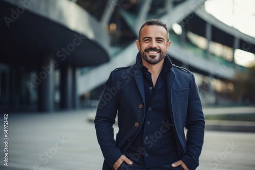 Portrait of a Mexican man in his 40s wearing a chic cardigan against a modern architectural background