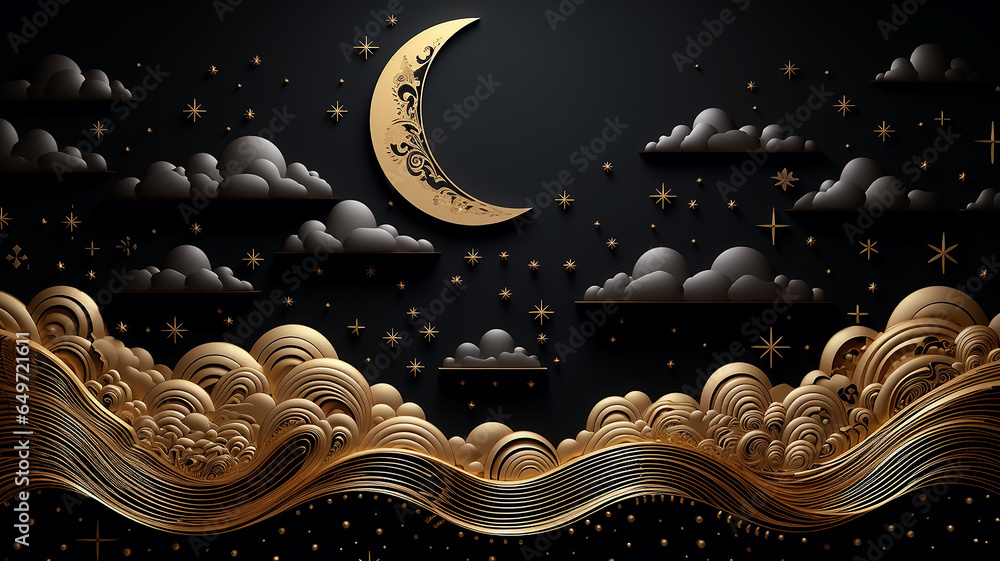 crescent moon fairy tale arab night stars clouds black background. - obrazy, fototapety, plakaty 