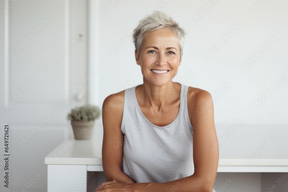 Portrait of a Polish woman in her 50s wearing knee-length shorts against a minimalist or empty room background