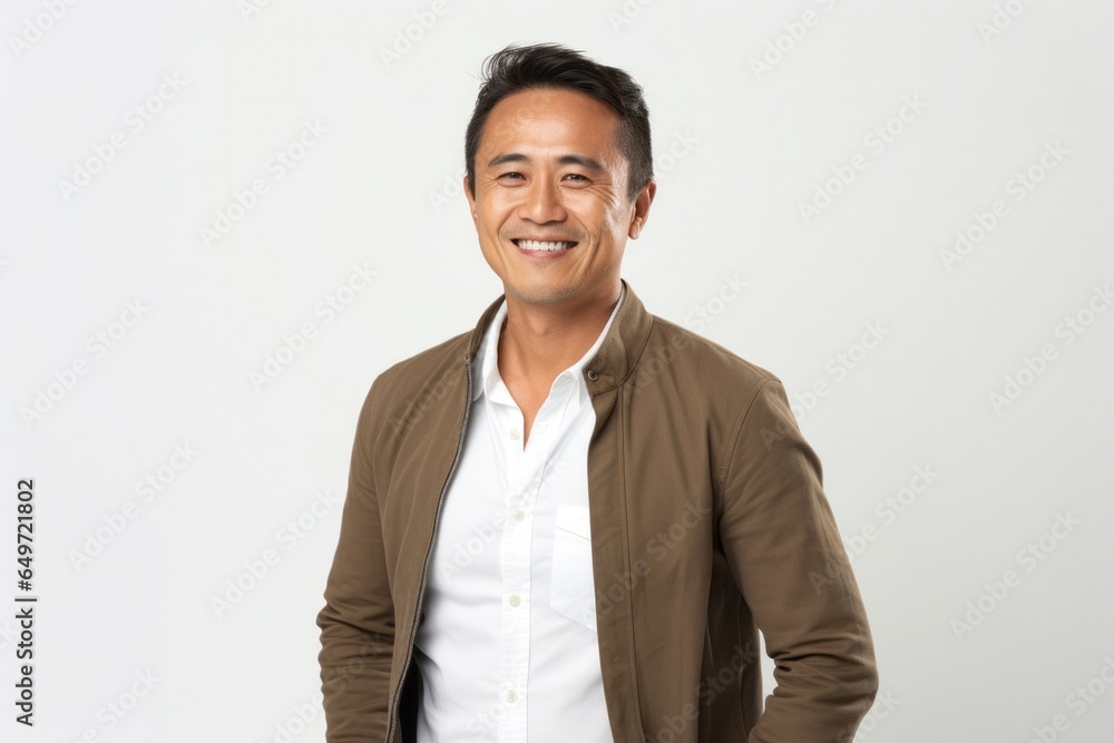 Portrait of a confident Filipino man in his 40s wearing a chic cardigan against a white background Portrait of a confident Filipino man in his 40s wearing a chic cardigan against a white background