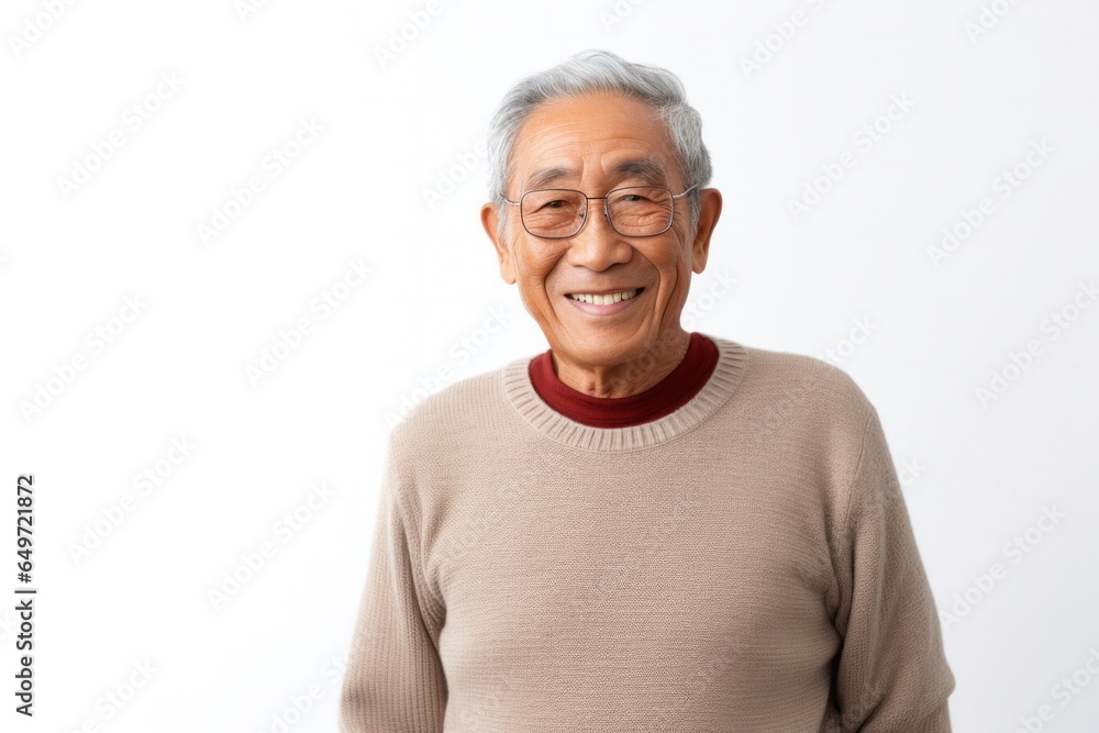 Portrait of a confident Filipino man in his 80s wearing a chic cardigan against a white background Portrait of a confident Filipino man in his 80s wearing a chic cardigan against a white background