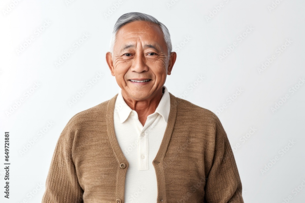 Portrait of a confident Filipino man in his 70s wearing a chic cardigan against a white background Portrait of a confident Filipino man in his 70s wearing a chic cardigan against a white background
