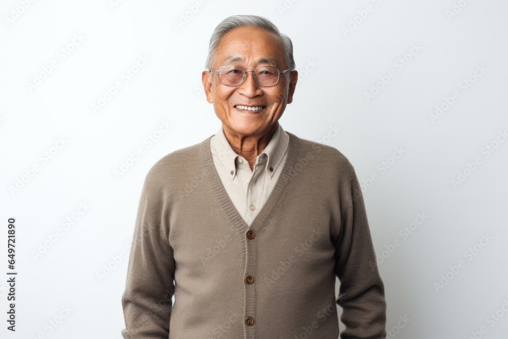 Portrait of a confident Filipino man in his 80s wearing a chic cardigan against a white background Portrait of a confident Filipino man in his 80s wearing a chic cardigan against a white background