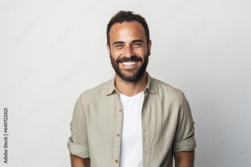 Portrait of a confident Israeli man in his 30s wearing a chic cardigan against a white background Portrait of a confident Israeli man in his 30s wearing a chic cardigan against a white background