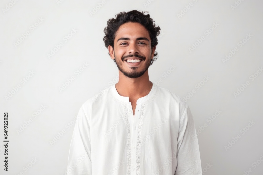 medium shot portrait of a confident Mexican man in his 20s wearing a simple tunic against a white background - obrazy, fototapety, plakaty 