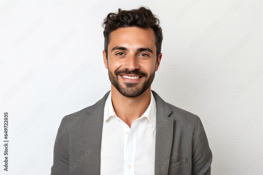 Portrait of a confident Israeli man in his 30s wearing a chic cardigan against a white background Portrait of a confident Israeli man in his 30s wearing a chic cardigan against a white background